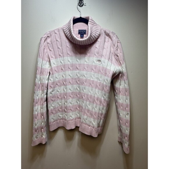 Vintage Cable Knit Sweater Preppy White With Pink Stripes 100% Cotton Turtleneck - Picture 2 of 5